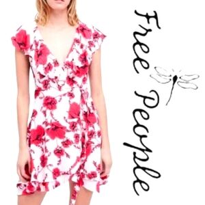 Free People French Quarter Pink White Floral Flutter Slv Wrap Mini Dress FLAW XS